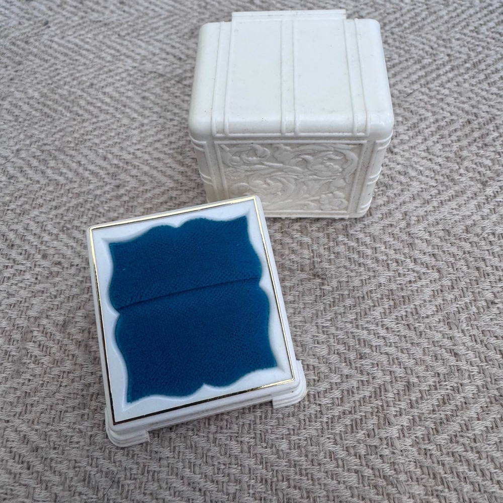 Antique Celluloid Ring Box Cream Floral Relief Teal Velvet Made in USA Vintage